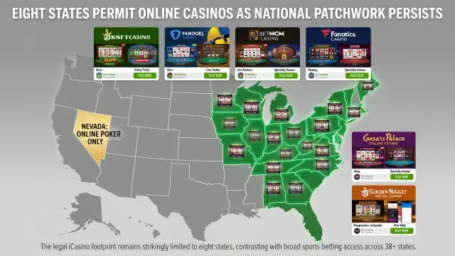 Eight States Permit Online Casinos as National Patchwork Persists